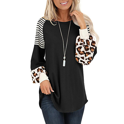 

Women's T-shirt Leopard Striped Cheetah Print Long Sleeve Patchwork Print Round Neck Tops Loose Basic Basic Top White Black Blushing Pink