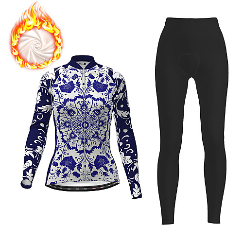 

21Grams Women's Long Sleeve Cycling Jersey with Tights Winter Fleece Dark Blue Floral Botanical Christmas Bike Fleece Lining Breathable Warm Quick Dry Sports Floral Botanical Mountain Bike MTB Road