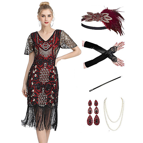 

The Great Gatsby 1920s Vintage Vacation Dress Flapper Dress Outfits Masquerade Prom Dress Women's Tassel Fringe Costume Black / Red Vintage Cosplay Party Prom / Gloves / Headwear / Necklace