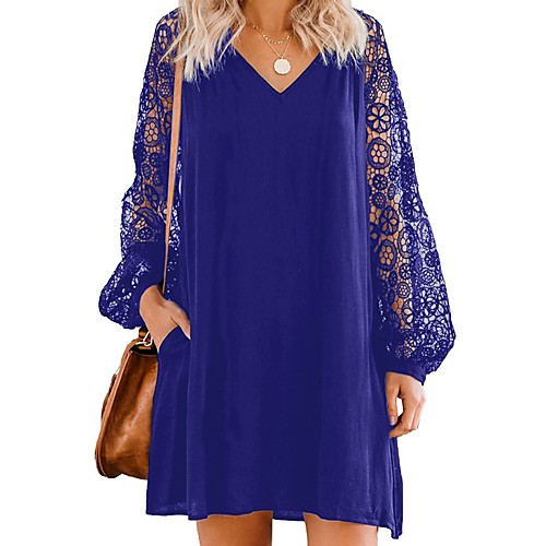 

Women's A Line Dress Short Mini Dress Black Blue Red Long Sleeve Solid Color Lace Patchwork Fall Winter V Neck Casual Puff Sleeve 2021 S M L XL