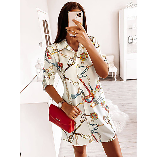 

Women's Shift Dress Knee Length Dress White Red Half Sleeve Print Patchwork Print Fall Shirt Collar Hot Casual 2021 S M L XL XXL 3XL