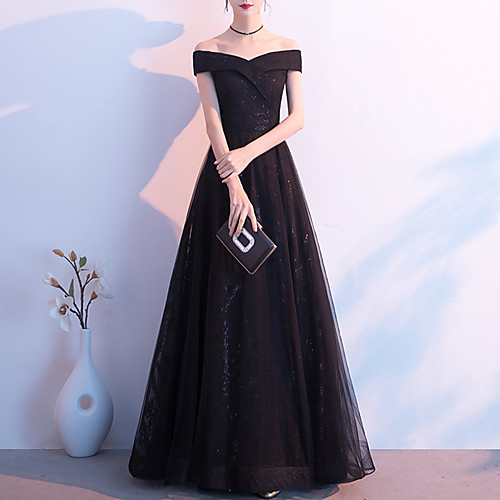 

A-Line Glittering Elegant Wedding Guest Formal Evening Dress Off Shoulder Short Sleeve Floor Length Tulle with Sleek 2021