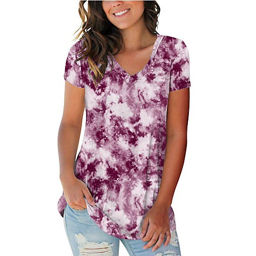 

Women's T-shirt Tie Dye V Neck Tops Casual Basic Top Purple Red Light Purple