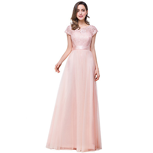 

A-Line Minimalist Elegant Engagement Formal Evening Dress Boat Neck Short Sleeve Floor Length Chiffon Lace with Bow(s) Pleats 2021