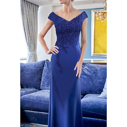 

A-Line Mother of the Bride Dress Elegant V Neck Floor Length Lace Satin Short Sleeve with Lace Sequin Appliques 2021