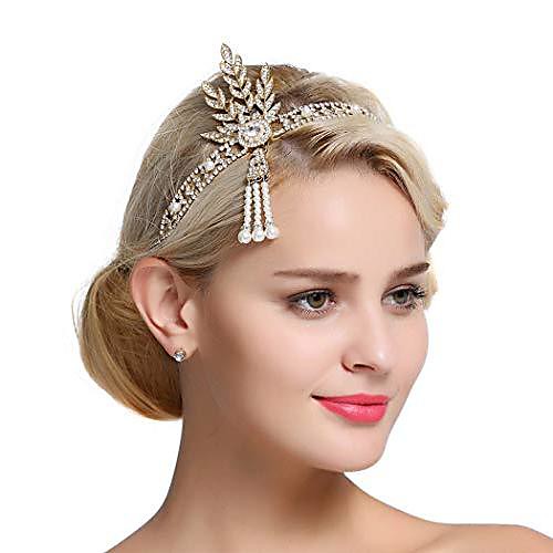 

art deco 1920s flapper great gatsby leaf bridal tiara pearl headpiece headband gold