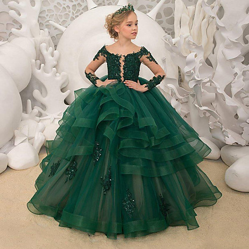 

Princess / Ball Gown Sweep / Brush Train Wedding / Party Flower Girl Dresses - Lace Long Sleeve Jewel Neck with Tier / Appliques