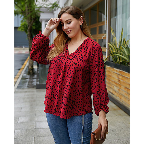 

Women's Plus Size Blouse Shirt Polka Dot Long Sleeve V Neck Tops Basic Basic Top Red Khaki Navy Blue