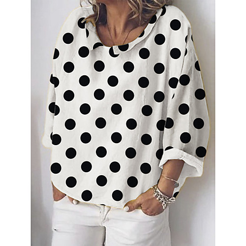 

Women's Blouse Shirt Polka Dot Long Sleeve Round Neck Tops Basic Top White Blue Khaki