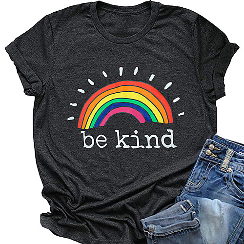 

Women's Be kind T-shirt Rainbow Print Round Neck Tops Basic Basic Top Black