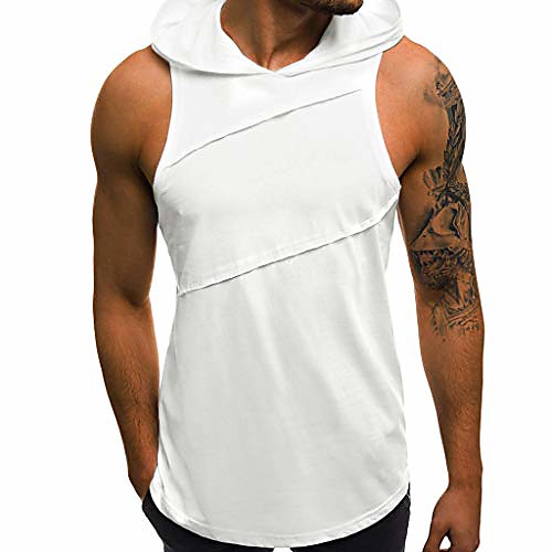 

men's hooded t-shirt sleeveless, men's solid workout hooded tank tops muscle cut off t shirt sleeveless gym hoodies amiley (small, white)