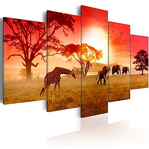 

framed african canvas painting animal giraffe and elephant wall decor art modern 5 piece landscape sunset picture artwork for living room ready to hang (sunny colours of africa, 40x 20)
