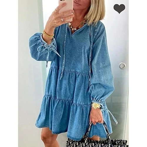 

Women's A Line Dress Short Mini Dress Light Blue Long Sleeve Solid Color Ruffle Patchwork Fall Spring V Neck Casual 2021 S M L XL XXL