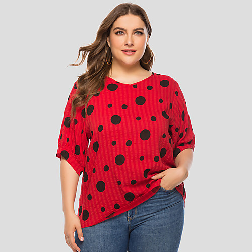 

Women's T shirt Polka Dot Print Round Neck Tops Basic Basic Top Red Yellow