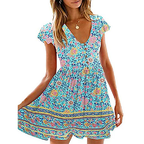 

women's 2020 summer hot short sleeve v-neck high waist floral print mini boho sun dress with button (large, aqua)