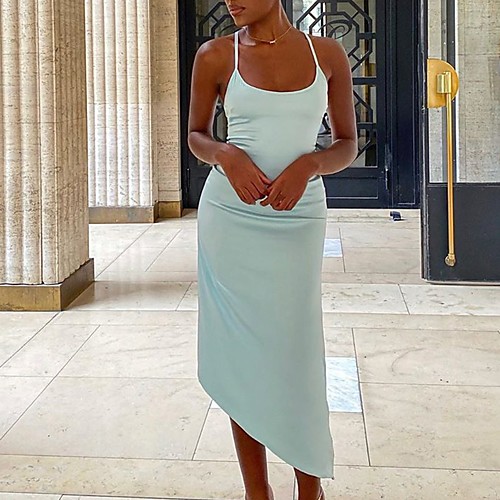 

Women's Shift Dress Midi Dress Blue Beige Sleeveless Solid Color Backless Patchwork Fall Round Neck Hot Sexy 2021 S M L XL