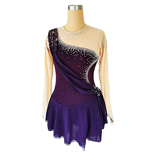 

Figure Skating Dress Women's Girls' Ice Skating Dress Violet Glitter Patchwork Spandex High Elasticity Competition Skating Wear Handmade Crystal / Rhinestone Long Sleeve Ice Skating Figure Skating