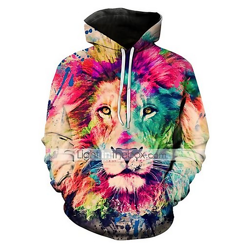 

Men's Plus Size Pullover Hoodie Sweatshirt Graphic Lion Animal Hooded Going out Club 3D Print Basic Casual Hoodies Sweatshirts Long Sleeve Rainbow