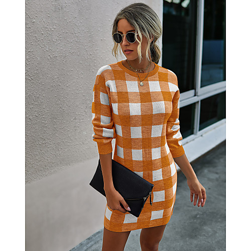 

Women's Sweater Jumper Dress Short Mini Dress Black Orange Gray Long Sleeve Print Fall Winter Strapless Hot Casual 2021 S M L XL