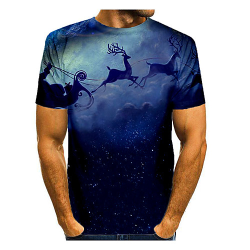 

Men's Galaxy 3D Graphic T-shirt Short Sleeve Christmas Tops Basic Round Neck Blue