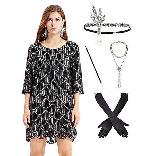 

The Great Gatsby 1920s Vintage Vacation Dress Flapper Dress Outfits Masquerade Prom Dress Women's Costume Black Vintage Cosplay Party Prom / Gloves / Headwear / Necklace / Cigarette Stick