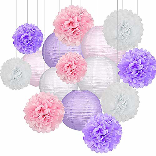 

15pcs party pack paper lanterns and pom pom balls hanging decoration for bridal shower wedding birthday baby shower-light pink/lavender/white