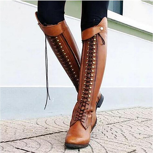 

Women's Boots Riding Boots Chunky Heel Round Toe Knee High Boots Sporty Classic Vintage Daily Walking Shoes PU Solid Colored Black / Red Black Brown