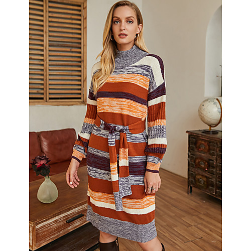 

Women's Sweater Jumper Dress Knee Length Dress Rainbow Long Sleeve Striped Patchwork Fall Winter Casual 2021 S M L XL