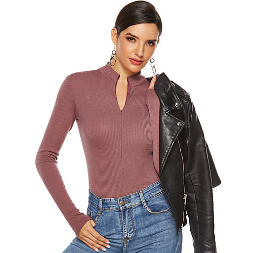 

Women's Zentai Jumpsuit Solid Colored Long Sleeve Zip Up V Neck Tops Basic Top Black Blue Blushing Pink