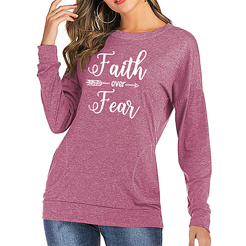 

Women's Faith T-shirt Letter Long Sleeve Print Round Neck Tops Cotton Basic Basic Top Black Blushing Pink Green