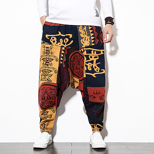 

Men's Chinoiserie Folk Style Harlem Pants Outdoor Slim Daily Home Harem Sweatpants Pants Print Pattern Ankle-Length Baggy White Blue Red / Elasticity