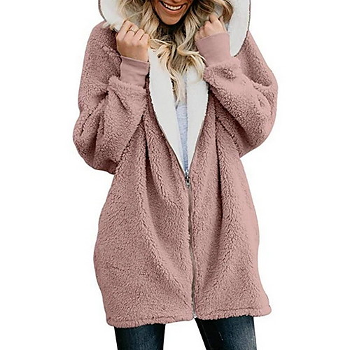 

Women's Zipper Teddy Coat Long Solid Colored Daily Basic Navy Black Pink Army Green S M L XL