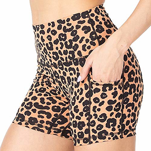 

yoga shorts for women with pockets, high waist biker shorts, buttery soft squat proof workout athletic running shorts (yellow leopard, xs)