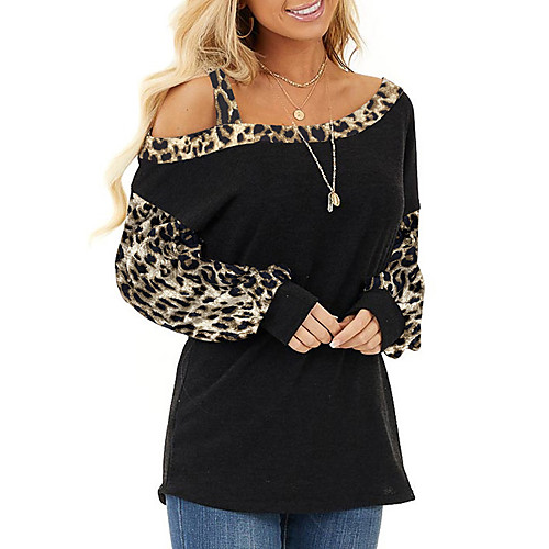 

Women's T-shirt Leopard Cheetah Print Long Sleeve Patchwork Print Off Shoulder Tops Basic Basic Top Black