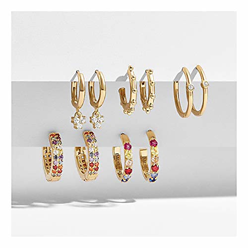 

5 paris cubic zirconia hoop earrings tiny small hoop earrings set gold plated rainbow crystal huggie dangle earrings for women girls (colorful set)