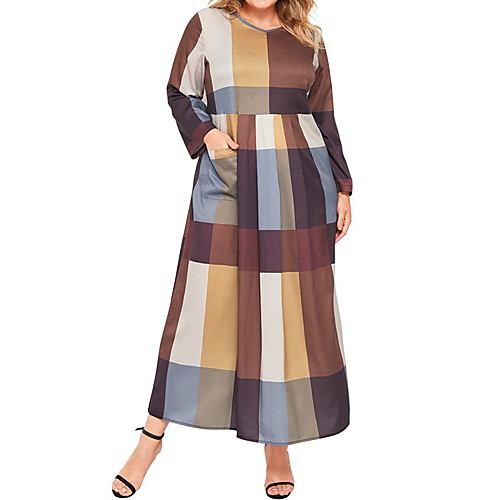 

Women's Shift Dress Maxi long Dress Brown Long Sleeve Check Patchwork Print Fall Spring V Neck Casual 2021 L XL XXL 3XL 4XL 5XL / Plus Size