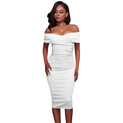 

Women's Sheath Dress Knee Length Dress White Black Blue Light Blue Short Sleeve Solid Color Print Summer Off Shoulder Hot Elegant 2021 S M L XL
