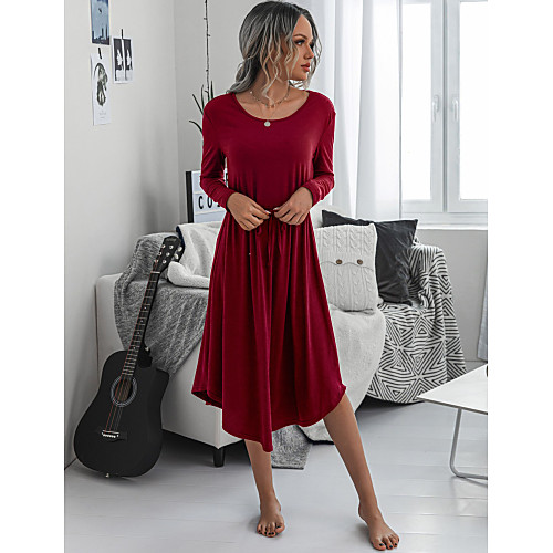 

Women's A Line Dress Midi Dress Black Wine Royal Blue Long Sleeve Solid Color Ruched Fall Round Neck Casual 2021 S M L XL