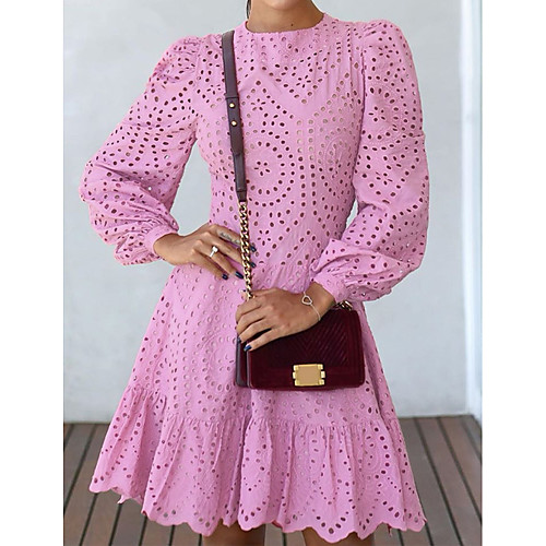 

Women's A Line Dress Knee Length Dress Blushing Pink Long Sleeve Solid Color Mesh Summer Round Neck Hot Casual Lantern Sleeve 2021 S M L XL