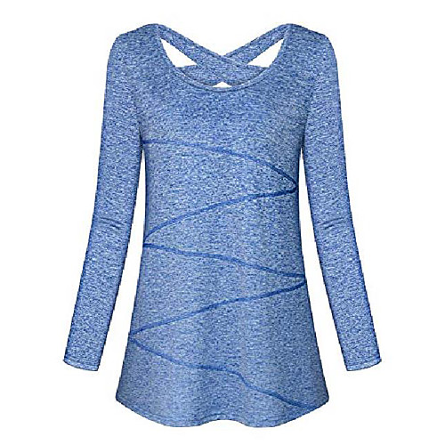 

yoga shirts long sleeve, woman athleisure tops round neck criss cross back flowy hem knitted fabric moisture wicking workout tunics training running cycling hiking clothes blue xl