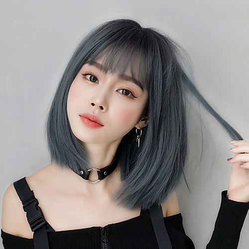 

Synthetic Wig kinky Straight Bob With Bangs Wig Short Brown Blue Natural Black Synthetic Hair 14 inch Women's Soft Exquisite Fluffy Blue