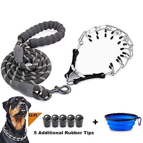 

dog prong collar, adjustable stainless steel pinch collar with rubber caps and dog leashes for medium and large dogs training (black dog leashes)