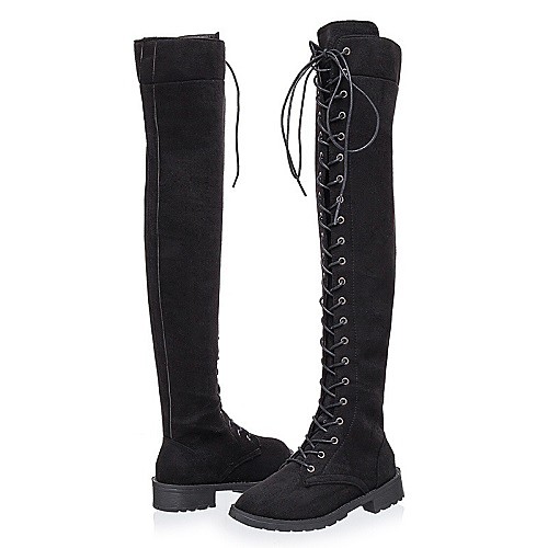 

Women's Boots Riding Boots Flat Heel Round Toe Over The Knee Boots Vintage British Daily Faux Suede Lace-up Solid Colored Black Brown Coffee