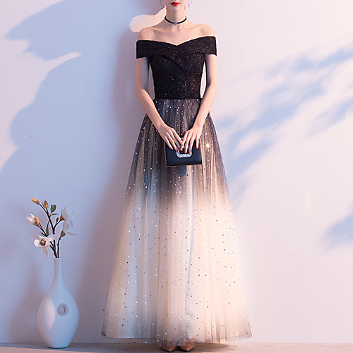 

A-Line Minimalist Vintage Wedding Guest Prom Dress Off Shoulder Short Sleeve Floor Length Tulle with Sequin 2021
