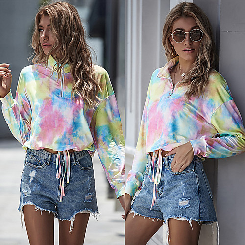 

Women's Sweatshirt Pullover Tie Dye Front Zipper Shirt Collar Sport Athleisure Sweatshirt Crop Top Top Long Sleeve Warm Soft Oversized Comfortable Everyday Use Exercising General Use / Winter