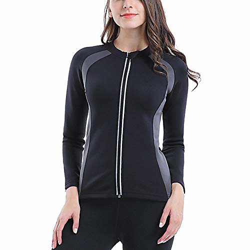 

women neoprene t shirt weight loss with zipper gym jacket short sleeve fat burner hot thermo sauna suit body shaper for running tummy control sweat workout,black,s