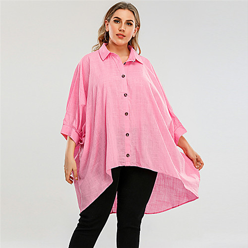 

Women's Plus Size Blouse Shirt Solid Colored Flowing tunic Shirt Collar Tops Batwing Sleeve 100% Cotton Basic Basic Top Blushing Pink