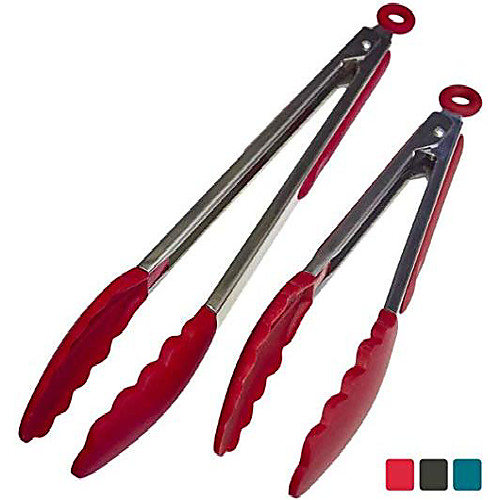 

starpack premium silicone kitchen tongs (9-inch & 12-inch) - stainless steel with non-stick silicone tips, high heat resistant to 600°f, for cooking, serving, grill, bbq & salad (cherry red)