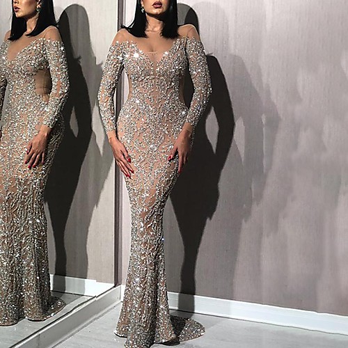 

Women's Trumpet / Mermaid Dress Maxi long Dress Silver Long Sleeve Solid Color Backless Sequins Fall Off Shoulder Sexy 2021 S M L XL XXL