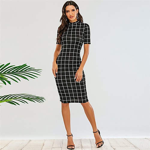 

Women's Sheath Dress Knee Length Dress Black Short Sleeve Print Summer Round Neck Sexy 2021 XS S M L